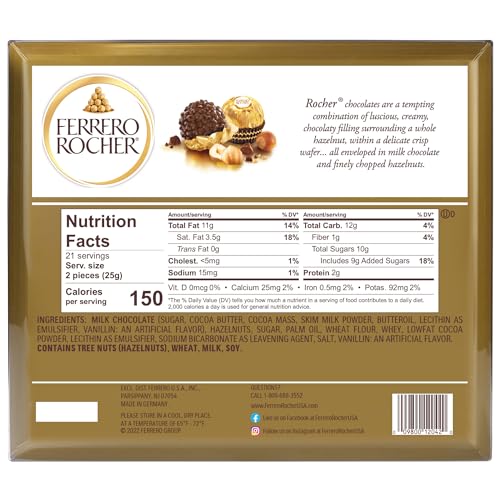 Ferrero Rocher, 42 Count, Premium Gourmet Milk Chocolate Hazelnut, Individually Wrapped Candy for Gifting, Mother's Day Gift, 18.5 oz