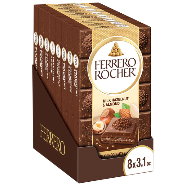Ferrero Rocher Premium Chocolate Bars, 8 Pack, Milk Chocolate Hazelnut & Almond, 3.1 oz Each